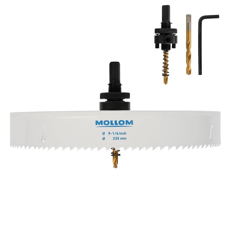 Mollom (235mm | 9-1/4") HSS M42 with 8% Cobalt BI-Metal Hole Saw with 2 Pilot Drill Bits & Arbor Smooth Cutting for PVC,Drywall,Wood,Plastic,Gypsum Board,Rubber - Image 1
